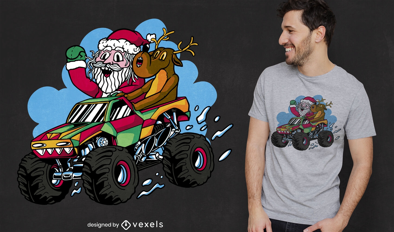 Papai Noel montando um caminhão monstro com design de camiseta