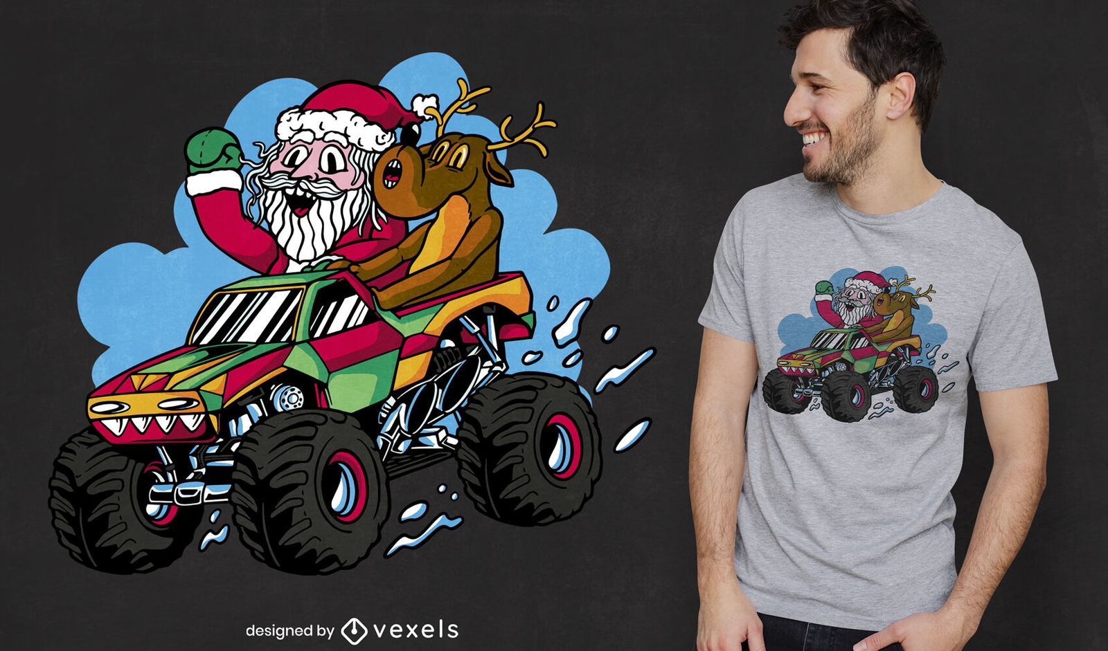 Santa riding a monster truck t-shirt design