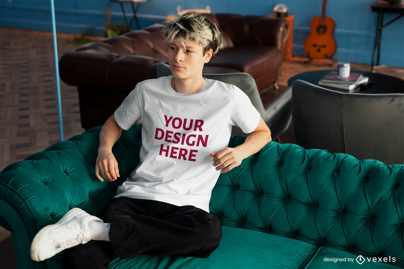 Man in living room couch t-shirt mockup