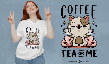 Diseño lindo de la camiseta del gato del té del café