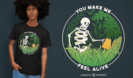 Desenho de camiseta com esqueleto de plantas regando
