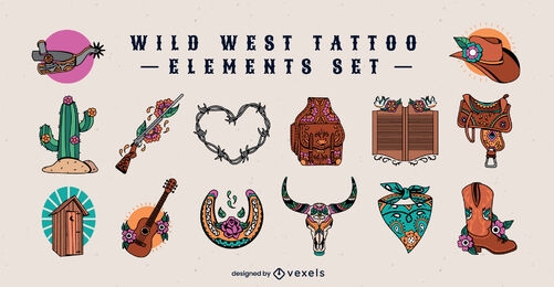 Conjunto de elementos de tatuagem de cowboy do oeste selvagem
