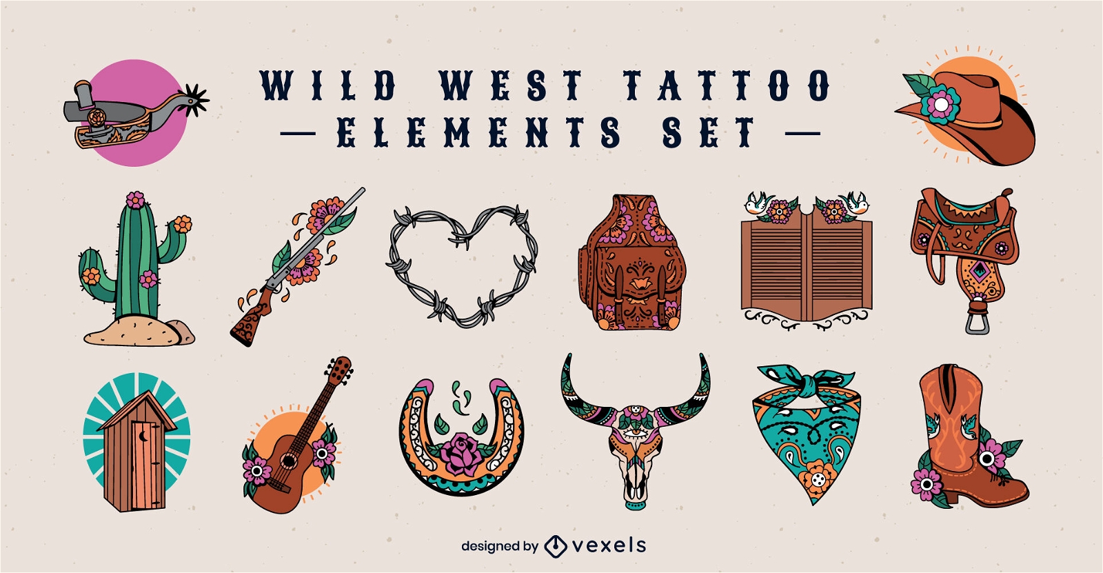 Conjunto de elementos de tatuaje de vaquero del salvaje oeste