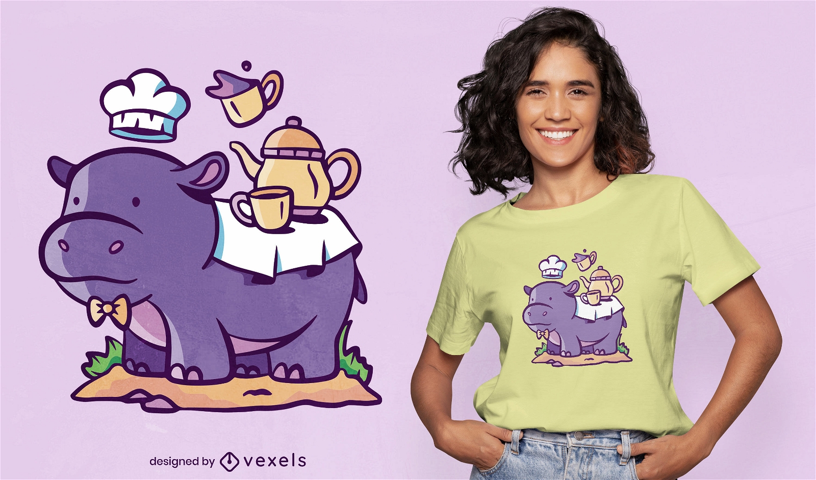 Hipopótamo com design de t-shirt de jogo de chá