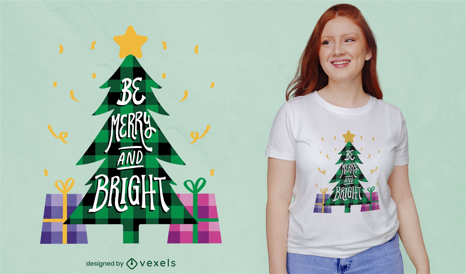 Diseño de camiseta de árbol de navidad a cuadros.