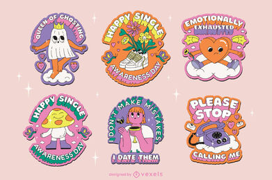 Anti valentines day cartoon badges set