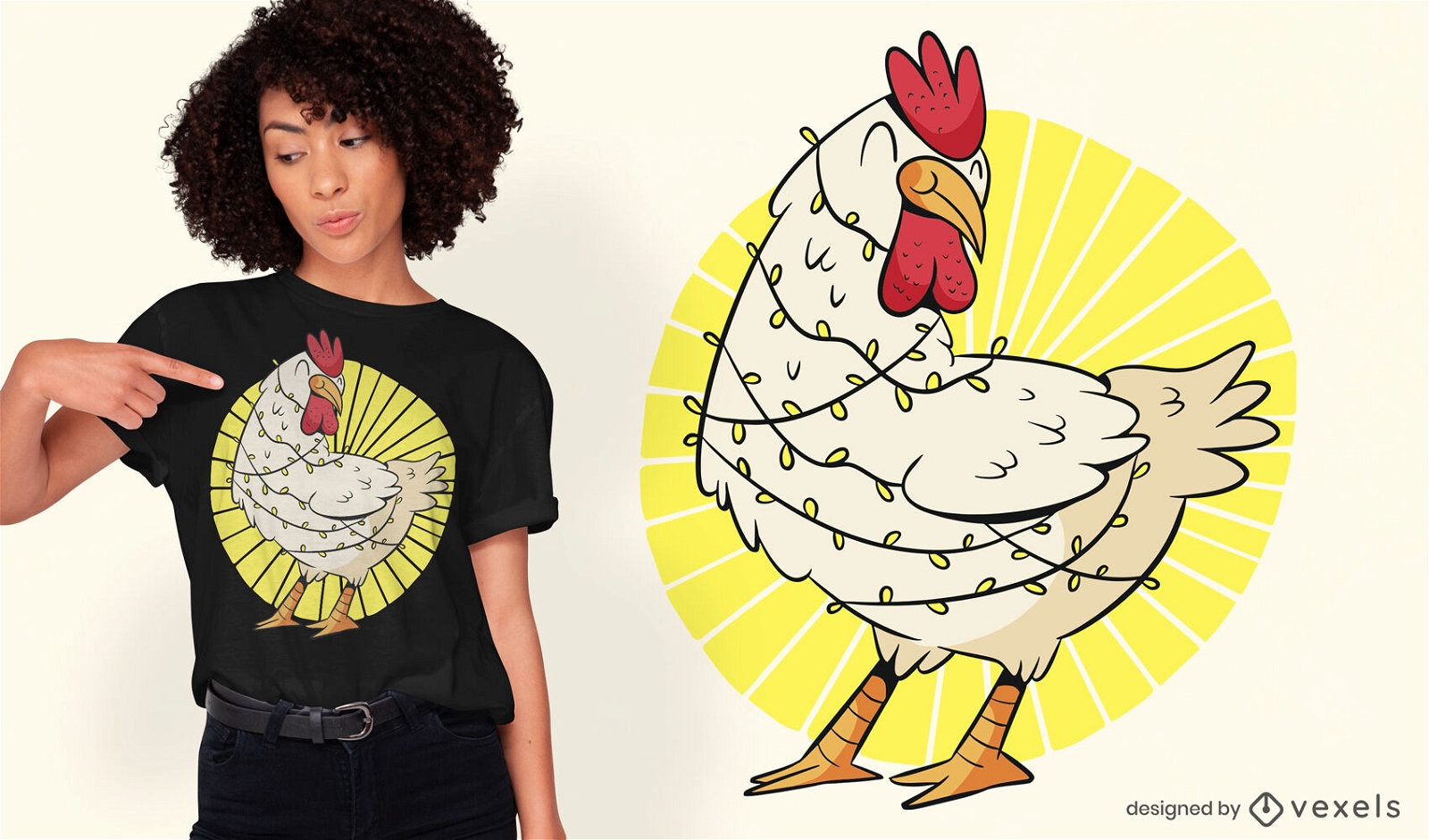 Diseño de camiseta de luces navideñas de pollo fiario.