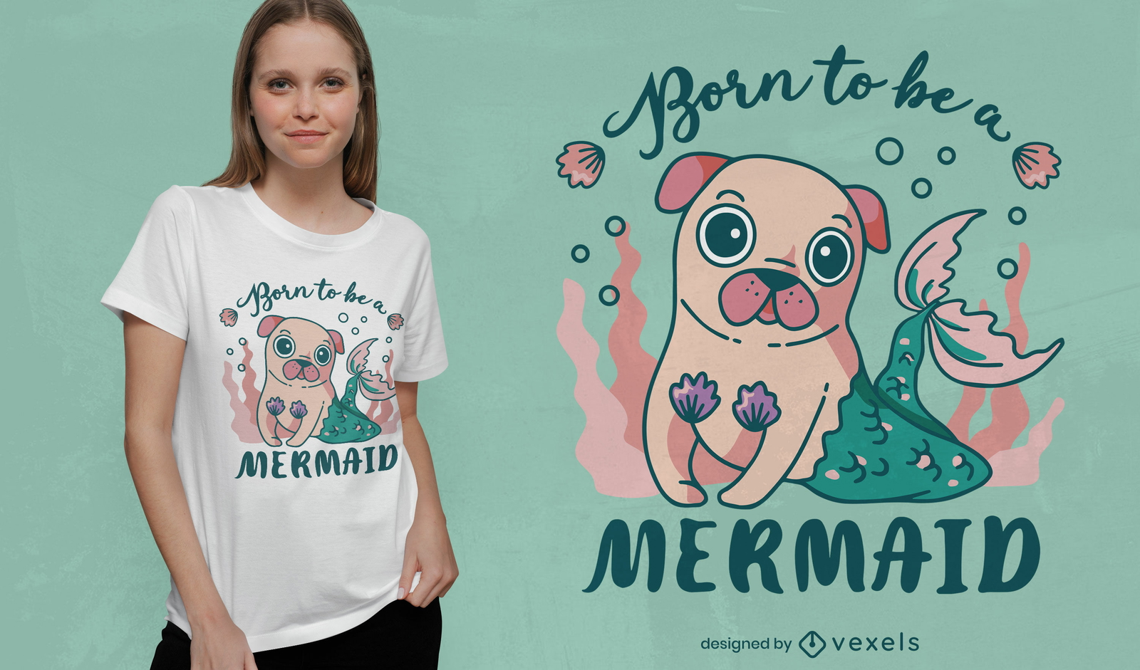 Design fofo de t-shirt cão pug sereia