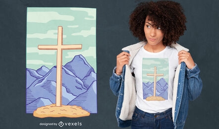 Cruz em uma montanha com design de camiseta do cristianismo