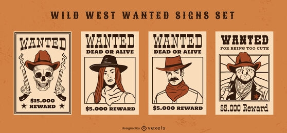 Conjunto de ilustração de sinais de procurado do Velho Oeste