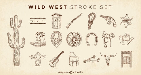 Conjunto de elementos dibujados a mano del salvaje oeste