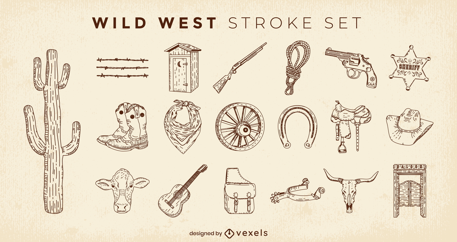 Conjunto de elementos desenhados à mão no oeste selvagem