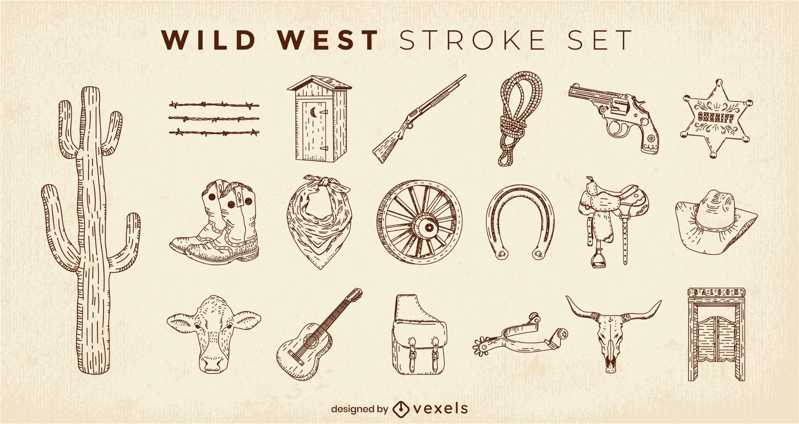 Conjunto de elementos dibujados a mano del salvaje oeste