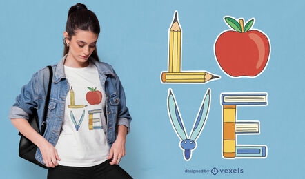 Citação de amor com design de t-shirt de material escolar
