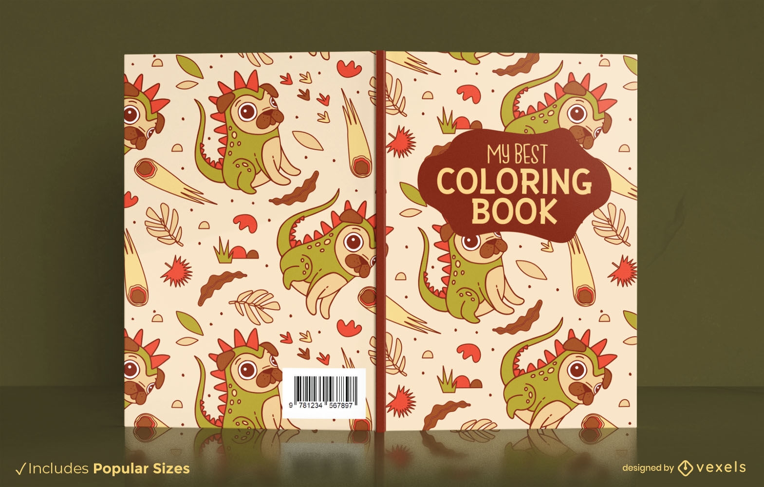 Design de capa de livro de dinossauro pug animal