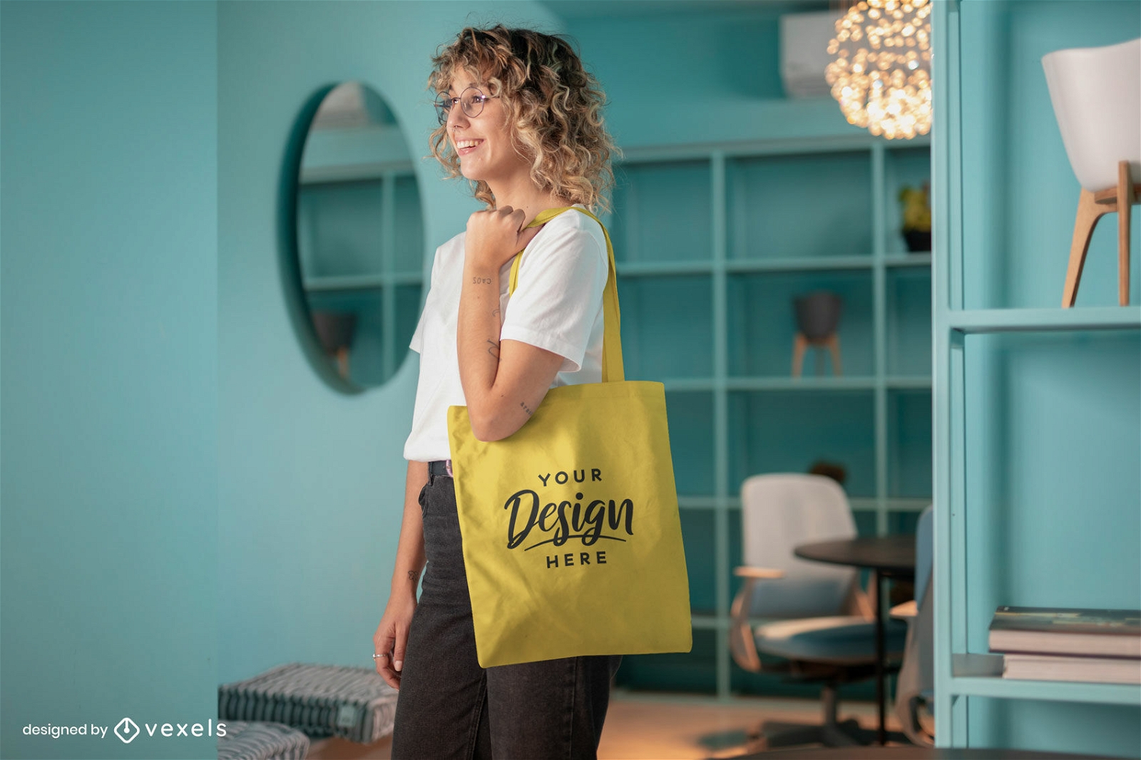Blonde woman in living room with tote bag mockup