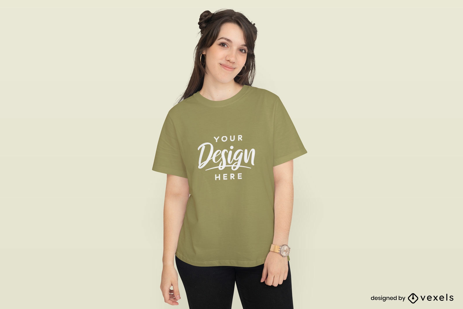 Dark haired woman in jeans t-shirt mockup