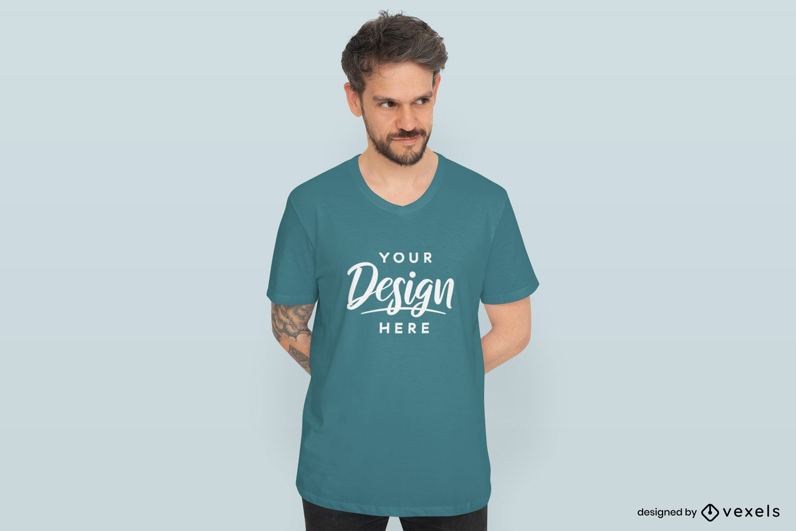 Man with tattoo in solid background t-shirt mockup