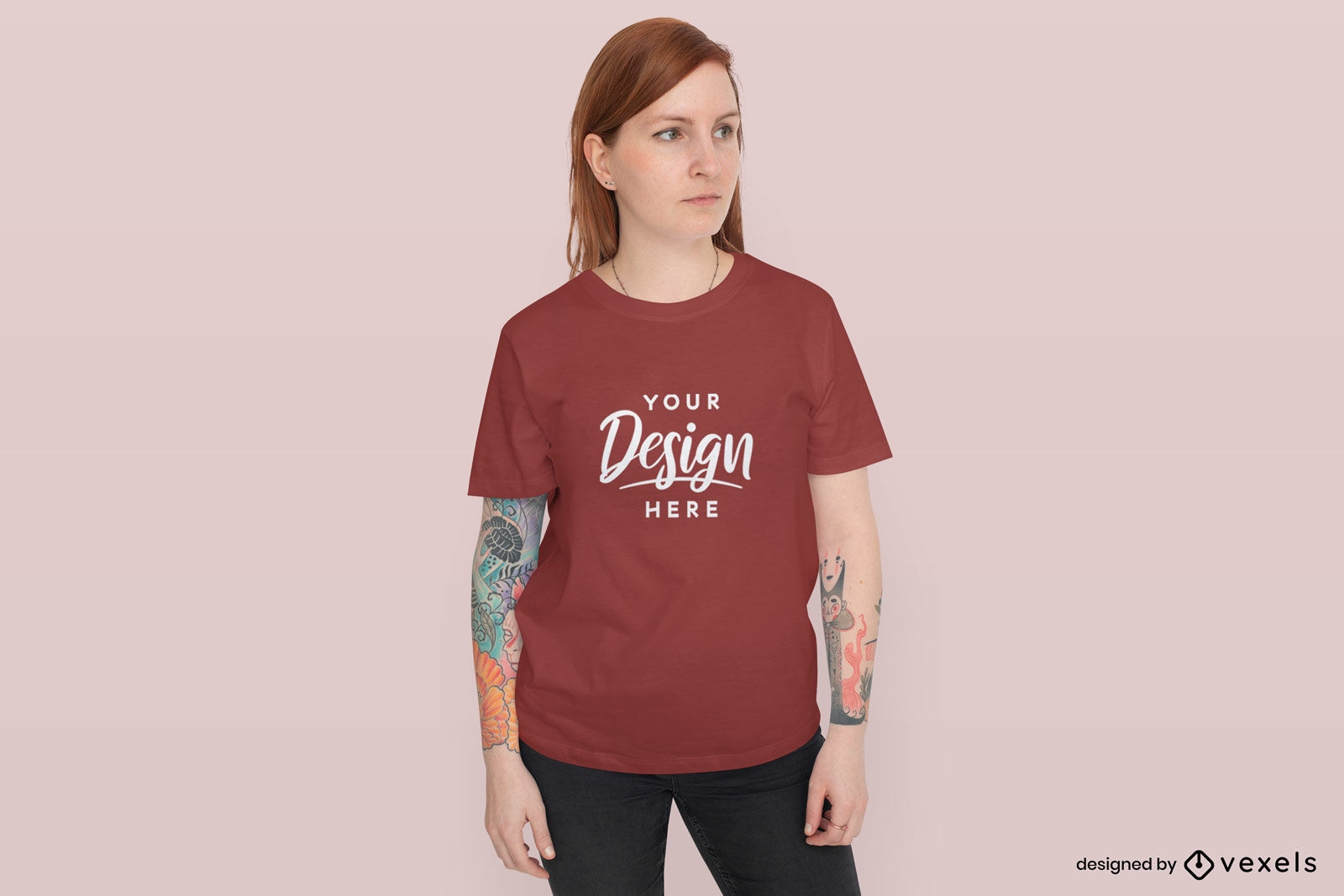 Redhead woman with tattoos t-shirt mockup
