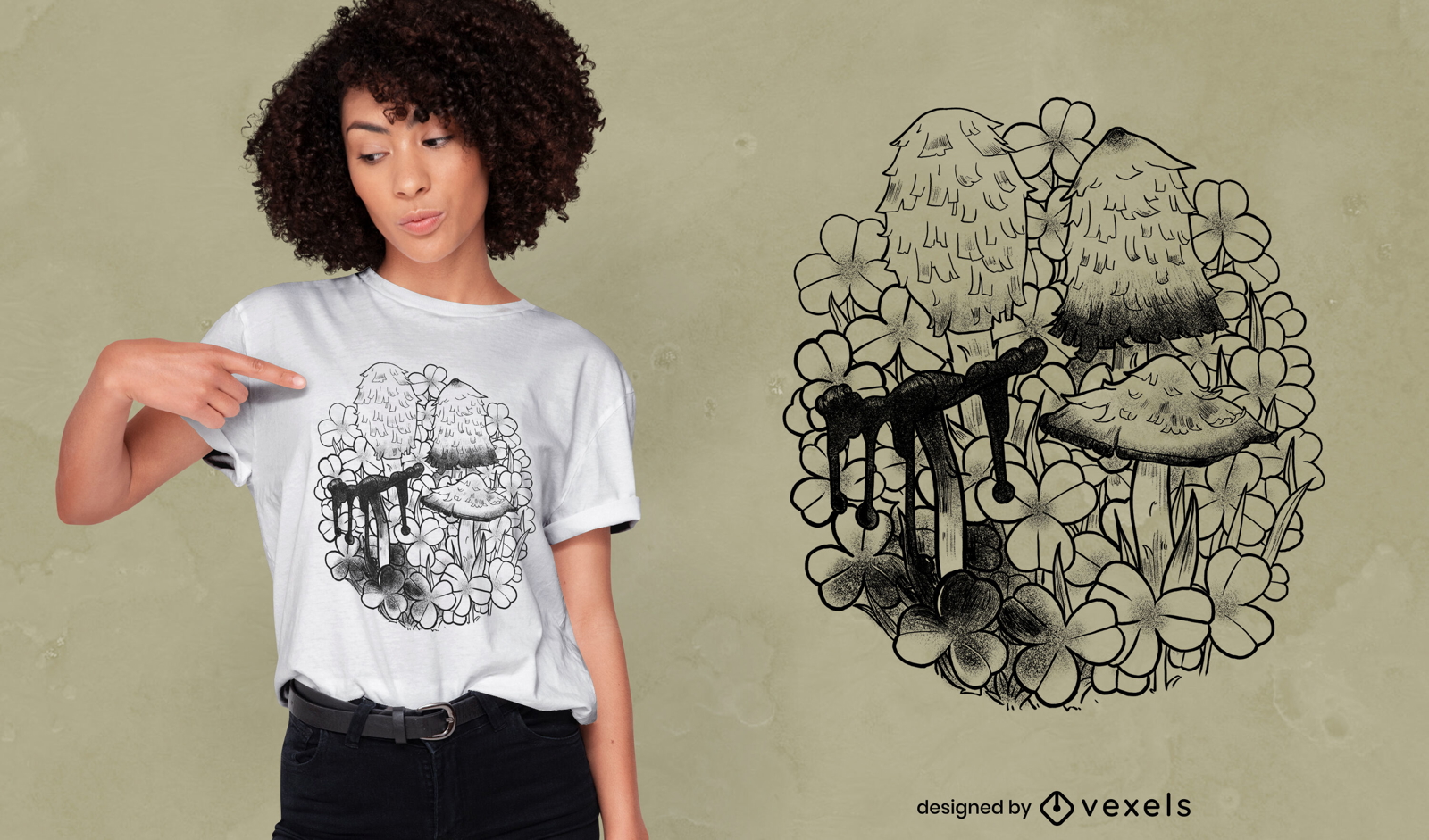 Design de t-shirt da natureza do campo de cogumelos