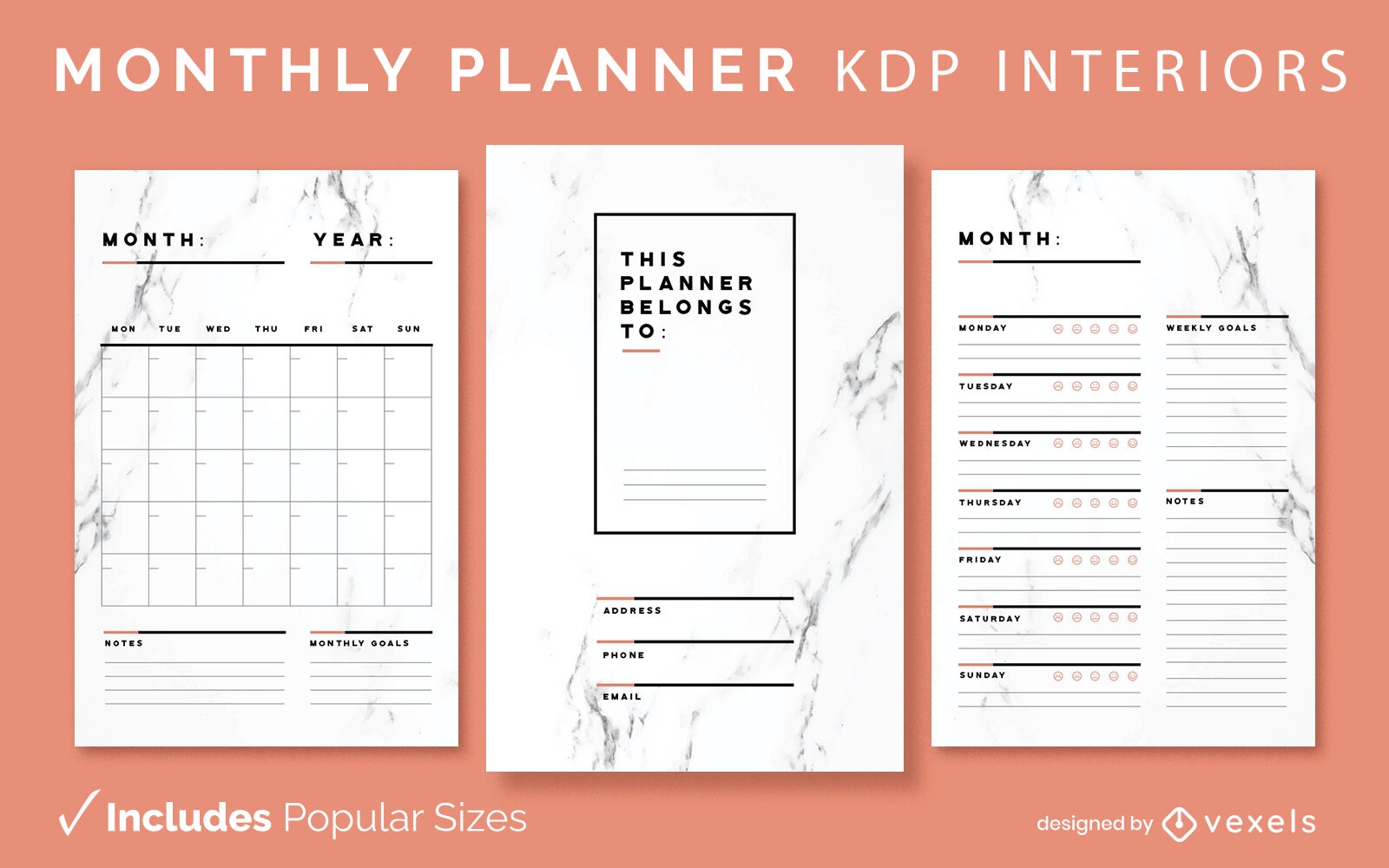 Marble monthly planner KDP interior template