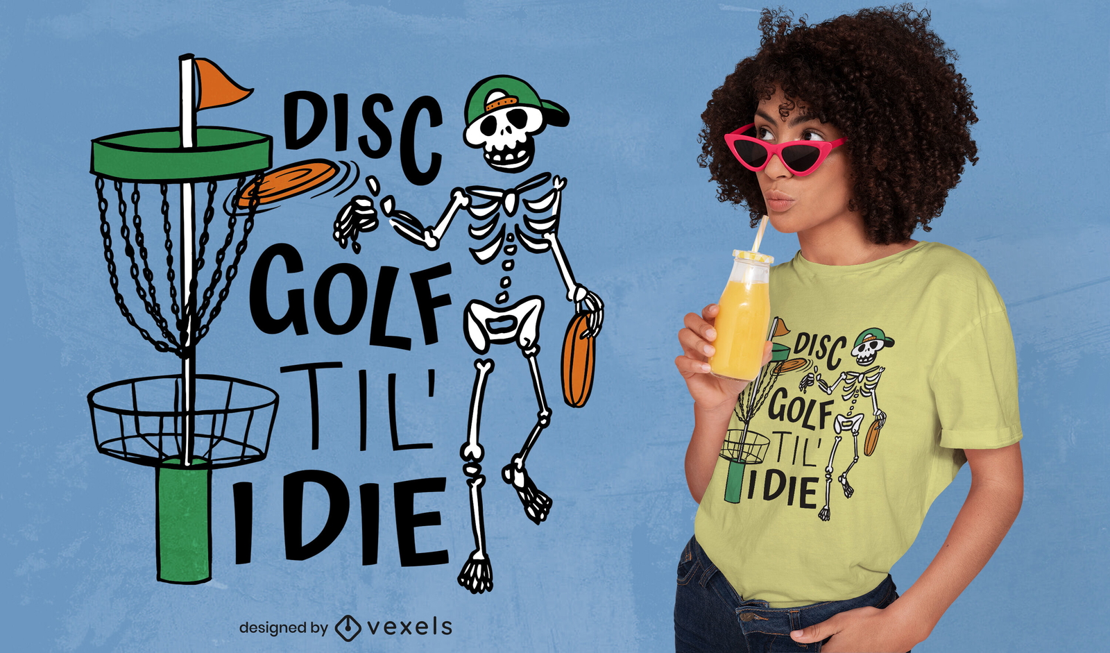 Diseño de camiseta de dibujos animados de esqueleto de golf de disco