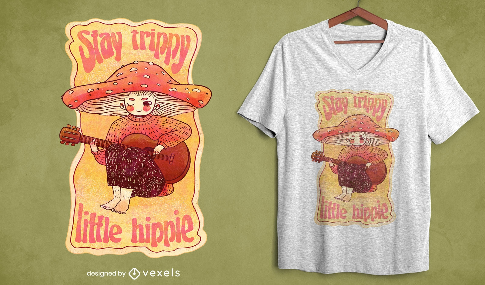 Hippie-Pilz, der Gitarre spielt, T-Shirt psd