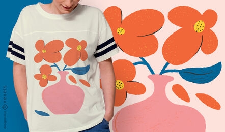 Hermosas flores en flor en un diseño de camiseta de jarrón.