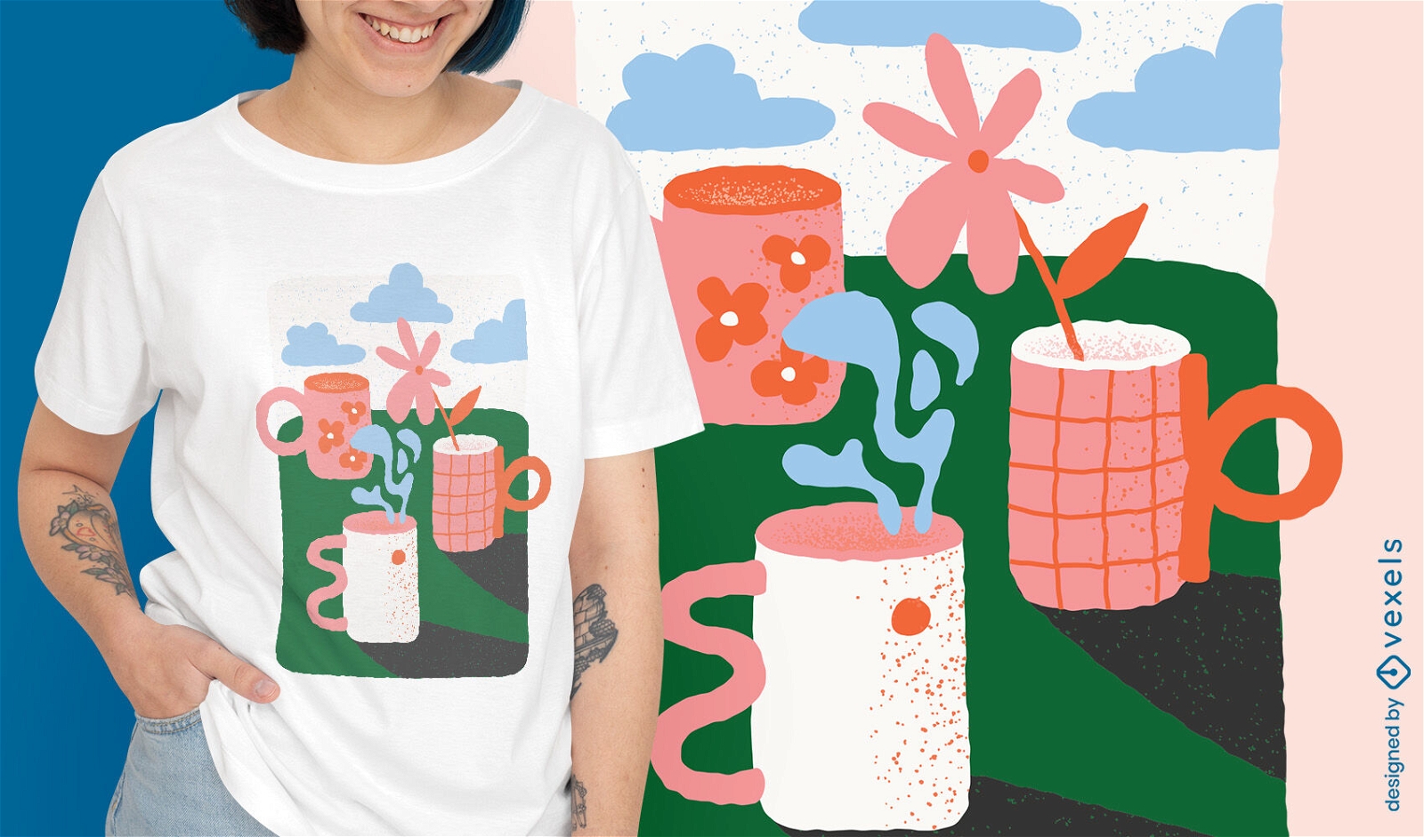 Lindas flores en un diseño de camiseta de taza