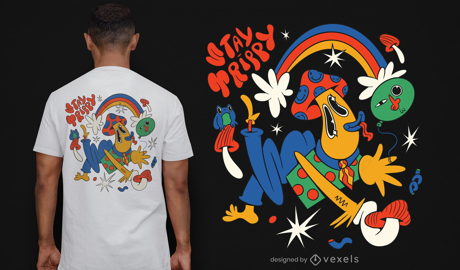 Design psicadélico de t-shirt em forma de cogumelo trippy