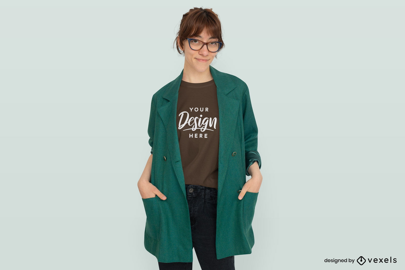 Woman in jacket and glasses t-shirt mockup