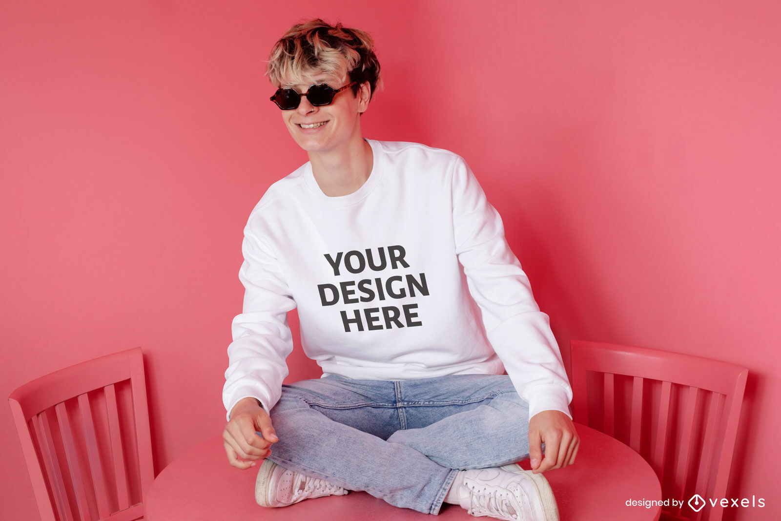 Blonde man in sunglasses sweater mockup