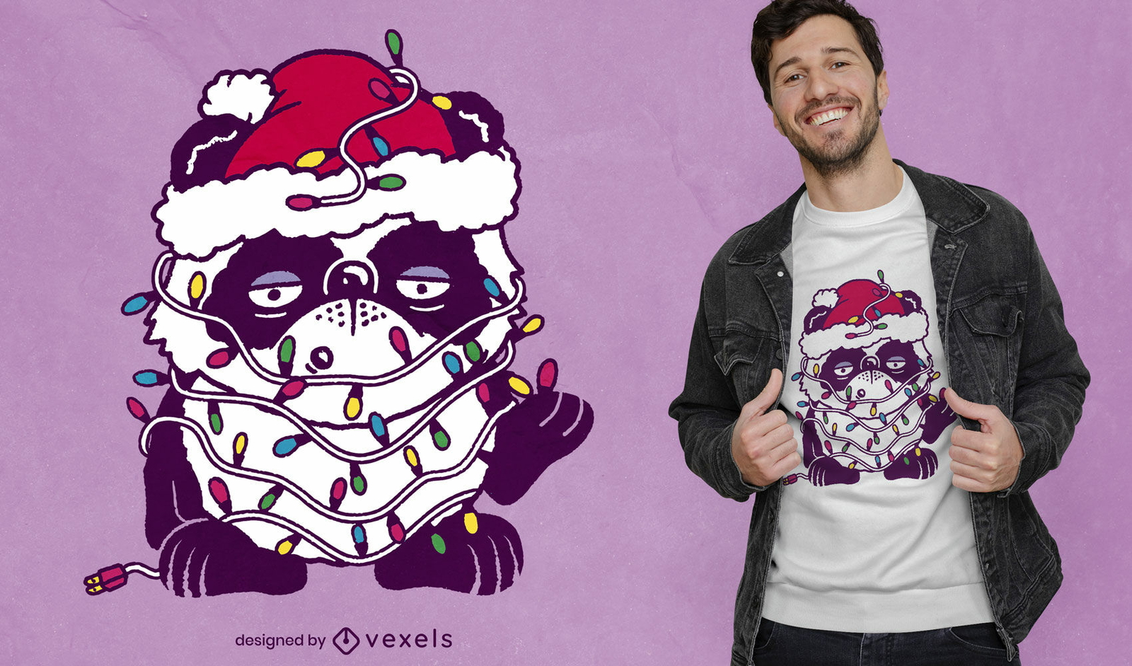 Diseño de camiseta de oso panda en luces navideñas.