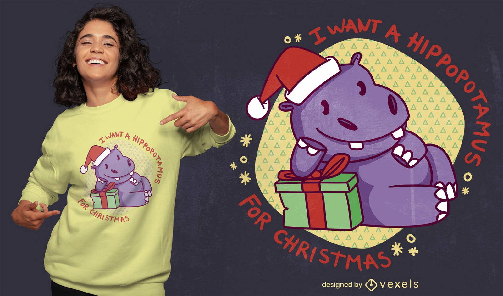 Design de t-shirt animal de natal hipopótamo