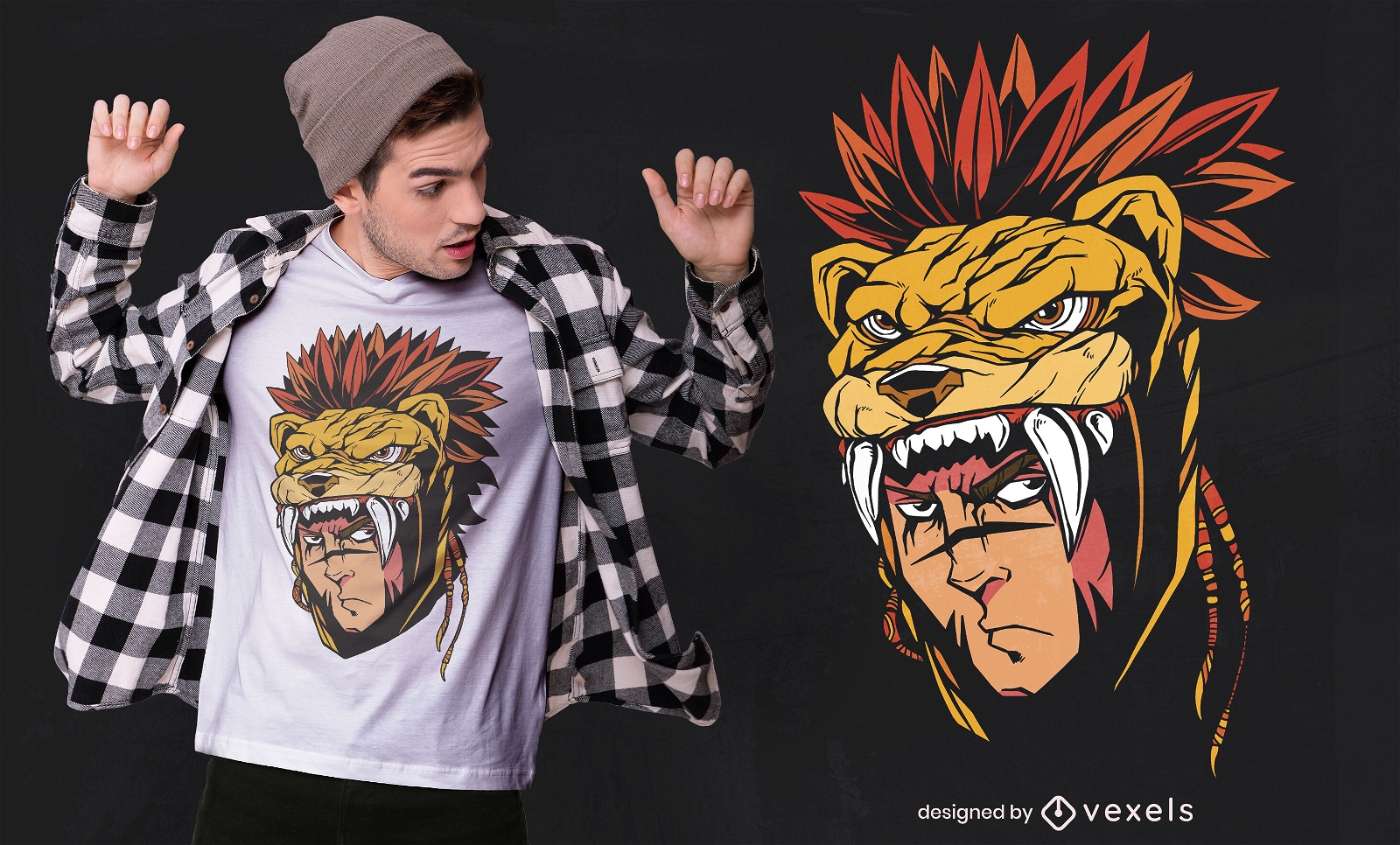 Aztekischer Kriegermann mit Tiger-T-Shirt-Design