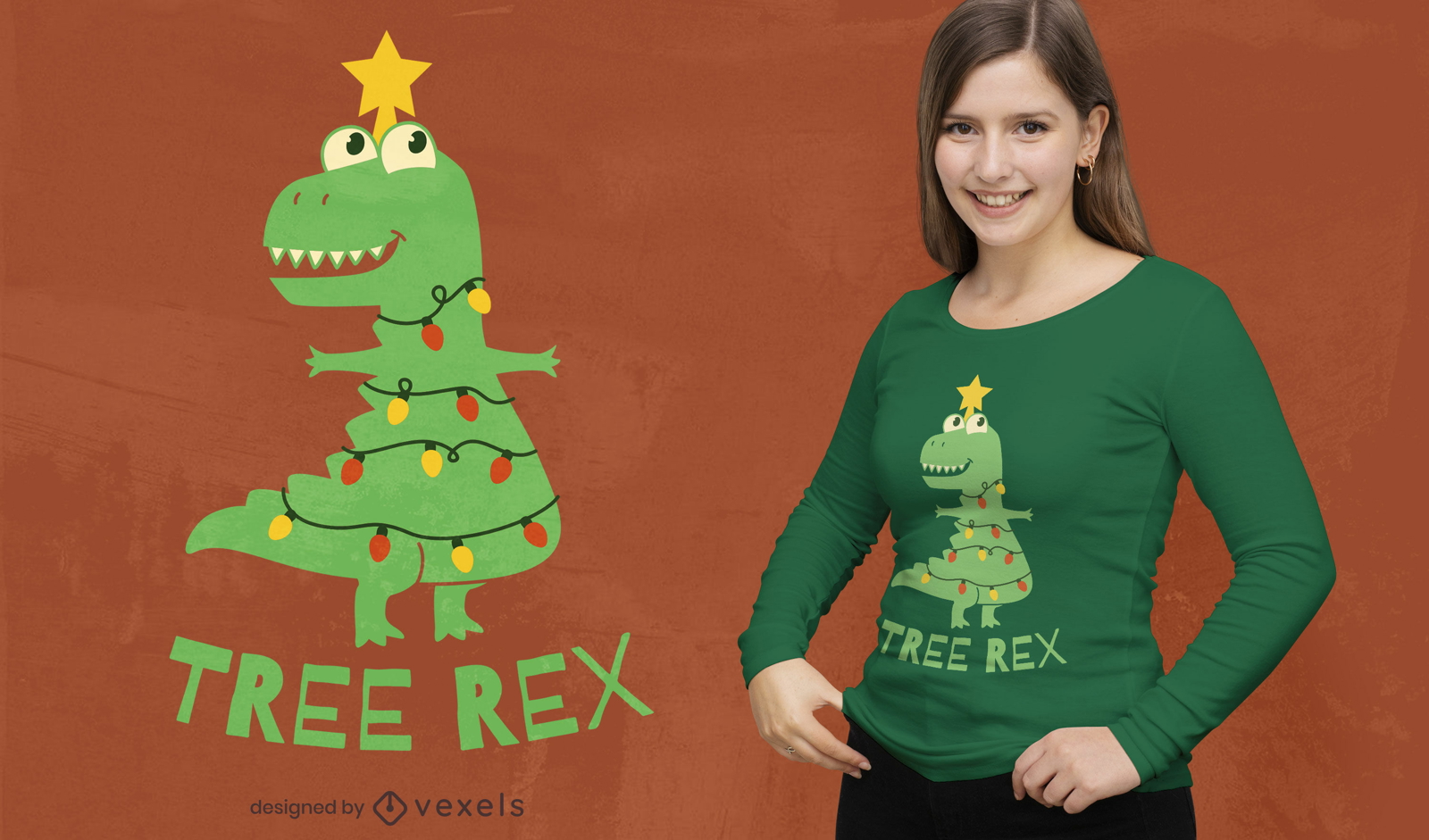 Dinosaurio en diseño de camiseta de luces navideñas.