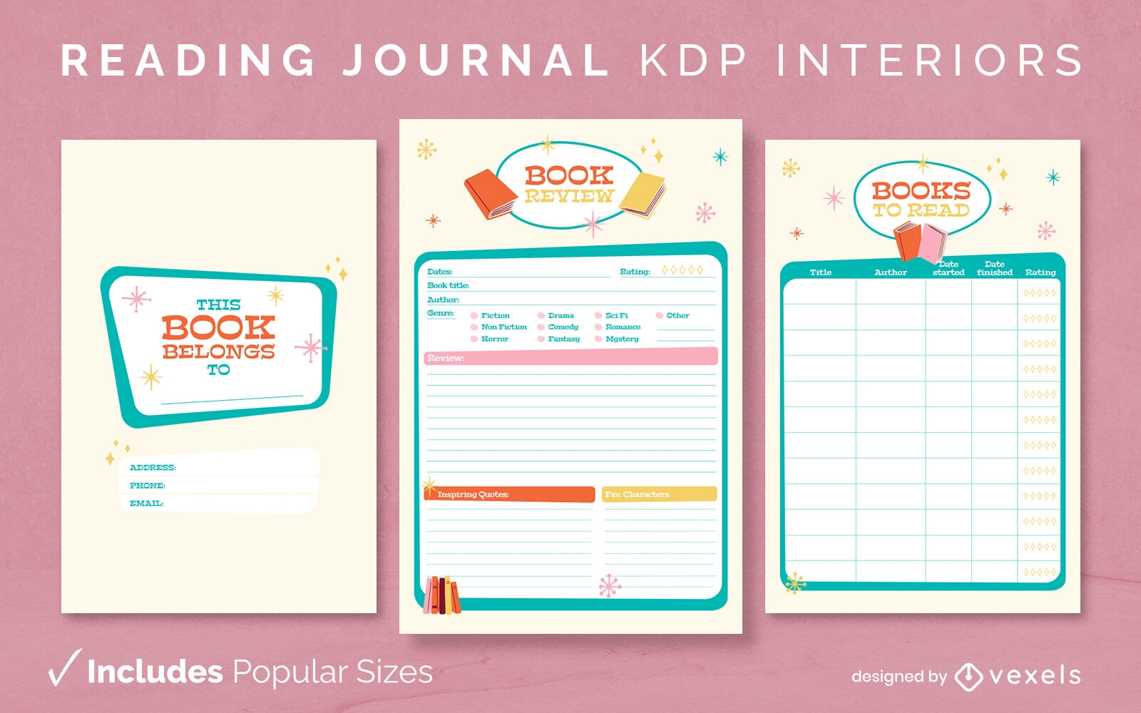 Vintage reading journal design template KDP