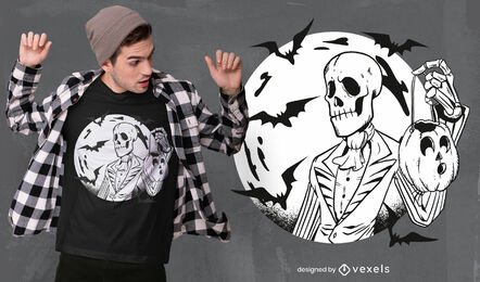 Design de camiseta preta e branca com caveira para o Dia das Bruxas