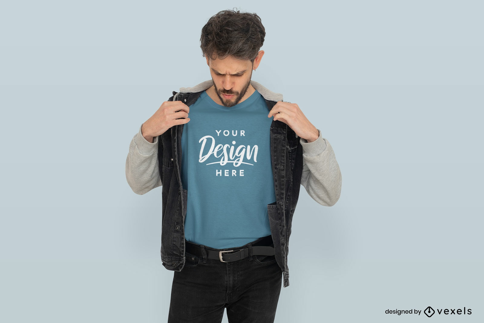 Man in jeans and jacket t-shirt mockup