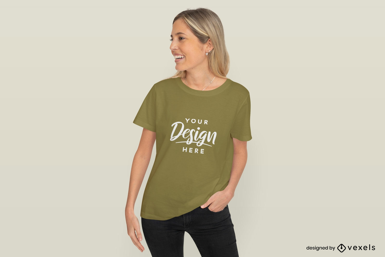 Blonde woman smiling in casual pose t-shirt mockup