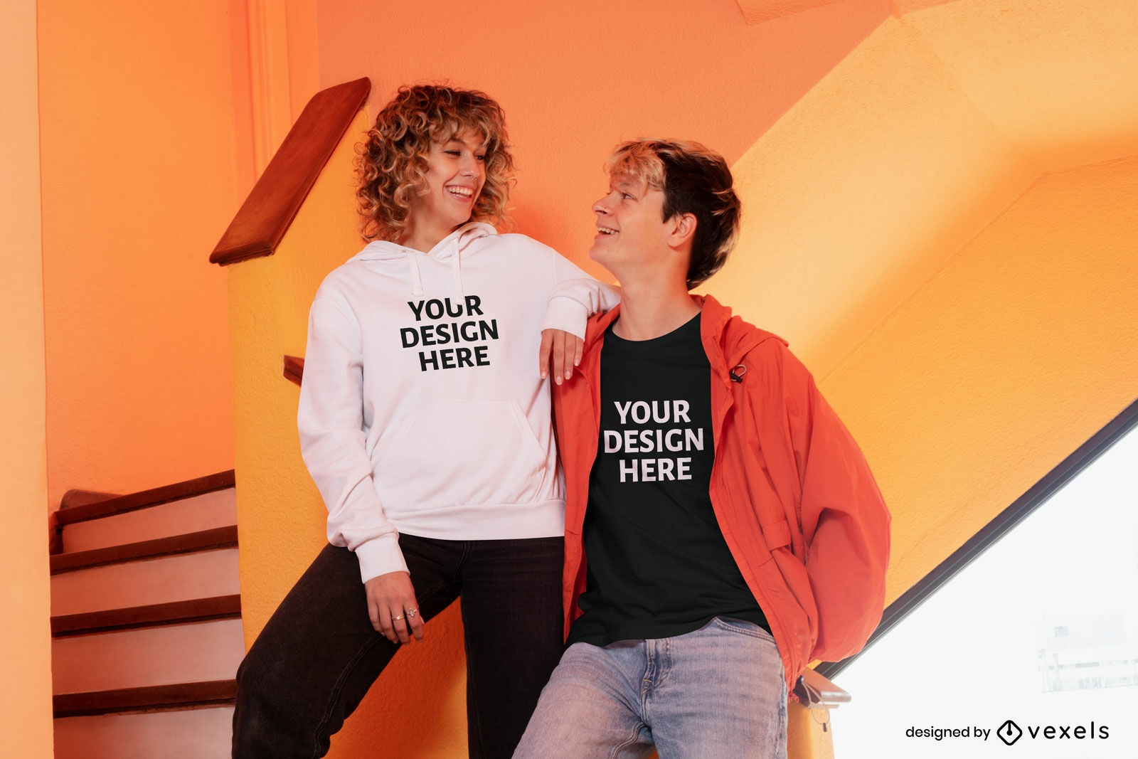 Man and woman in stairs hoodie mockup