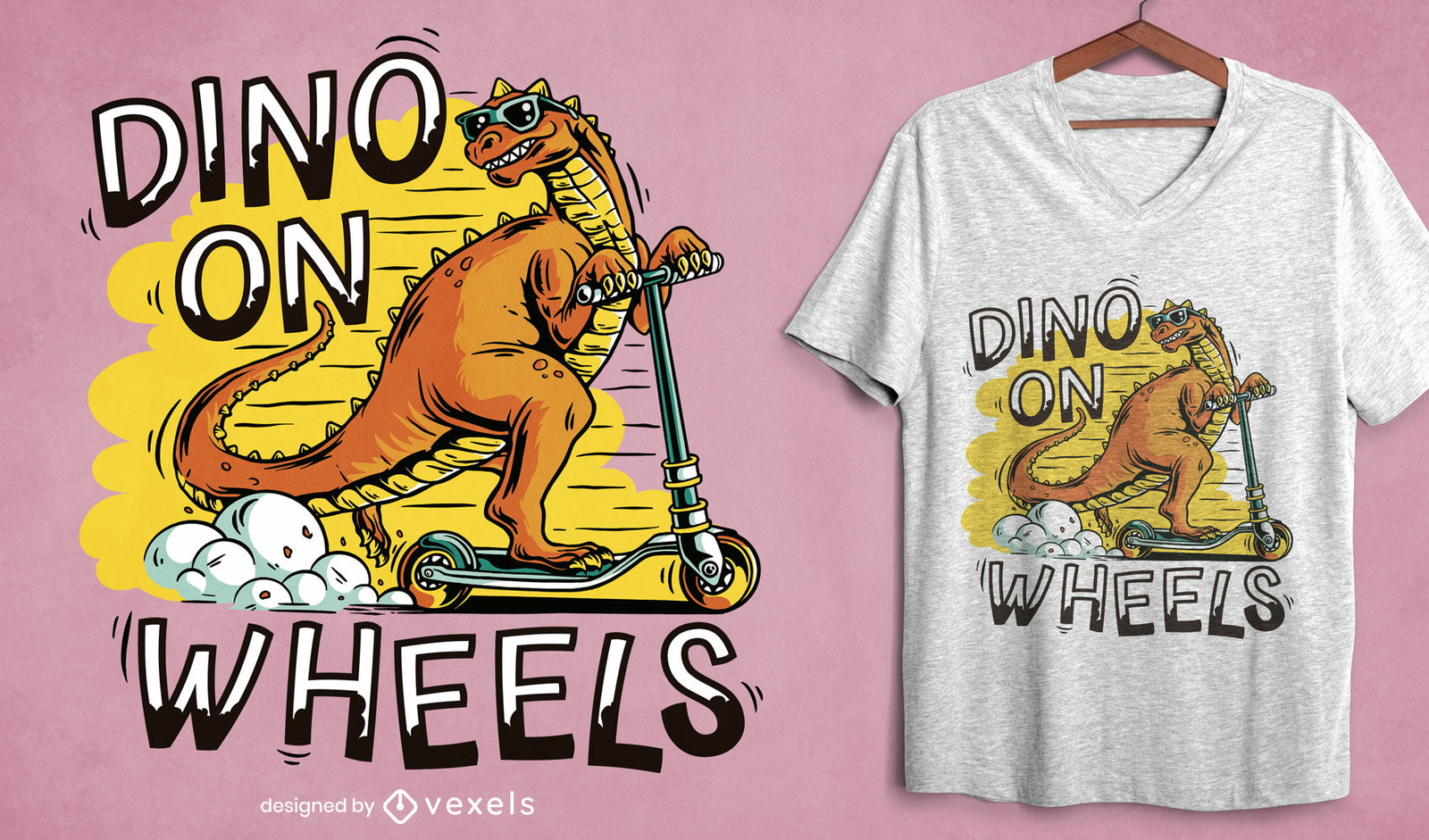 Design fantástico de t-shirt dinossauro sobre rodas