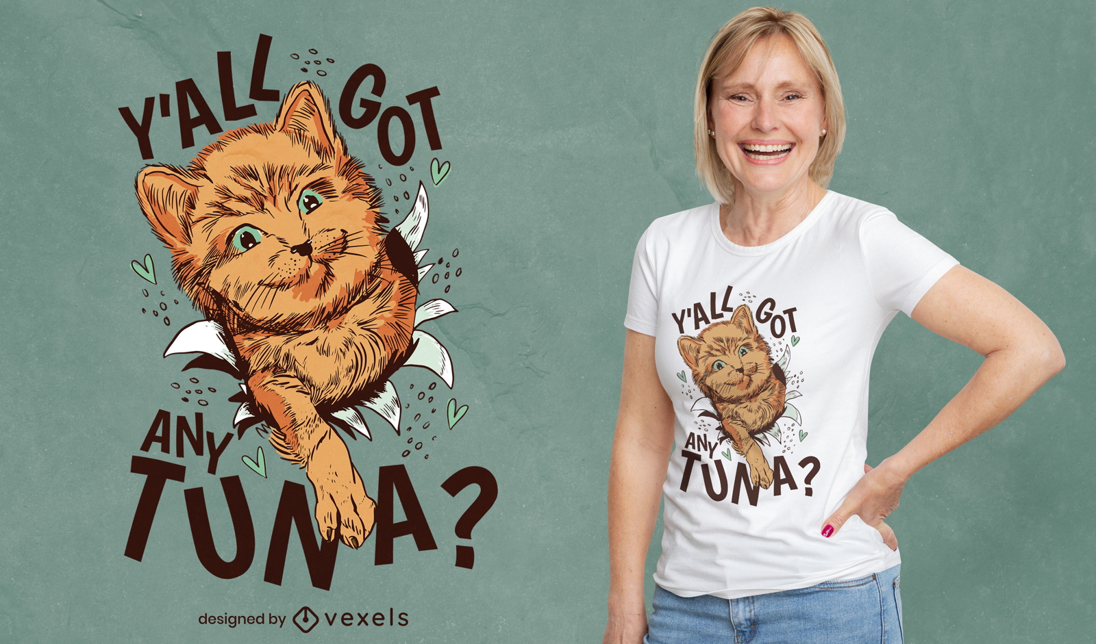 Diseño de camiseta de animal gato naranja hambriento.