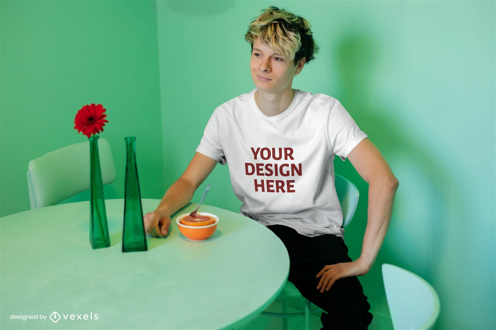 Blonde man in dining room t-shirt mockup