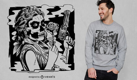 Esqueleto de mulher com design de arma de t-shirt