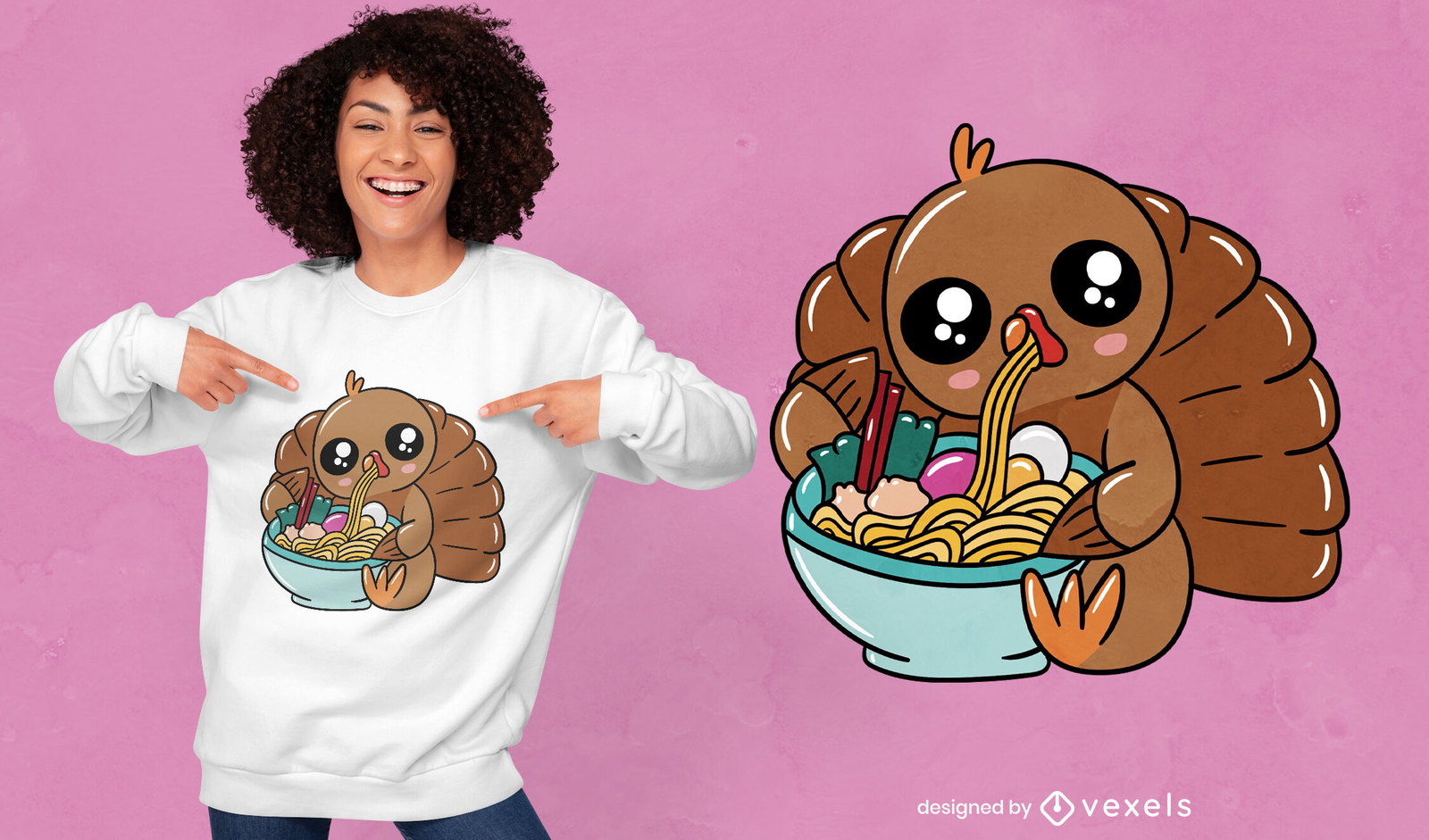 Diseño de camiseta de ramen comiendo animal de pavo kawaii