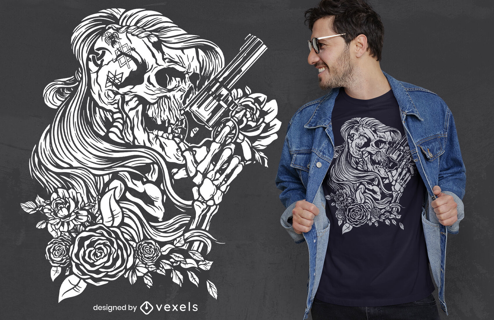 Esqueleto floral con diseño de camiseta de pistola.