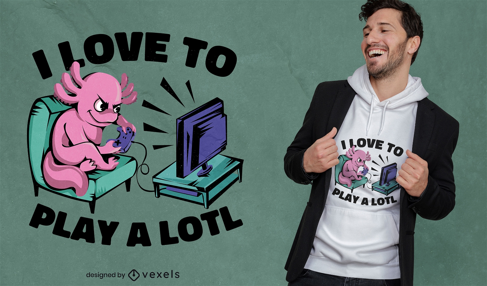 Axolotl playing video games t-shirt design