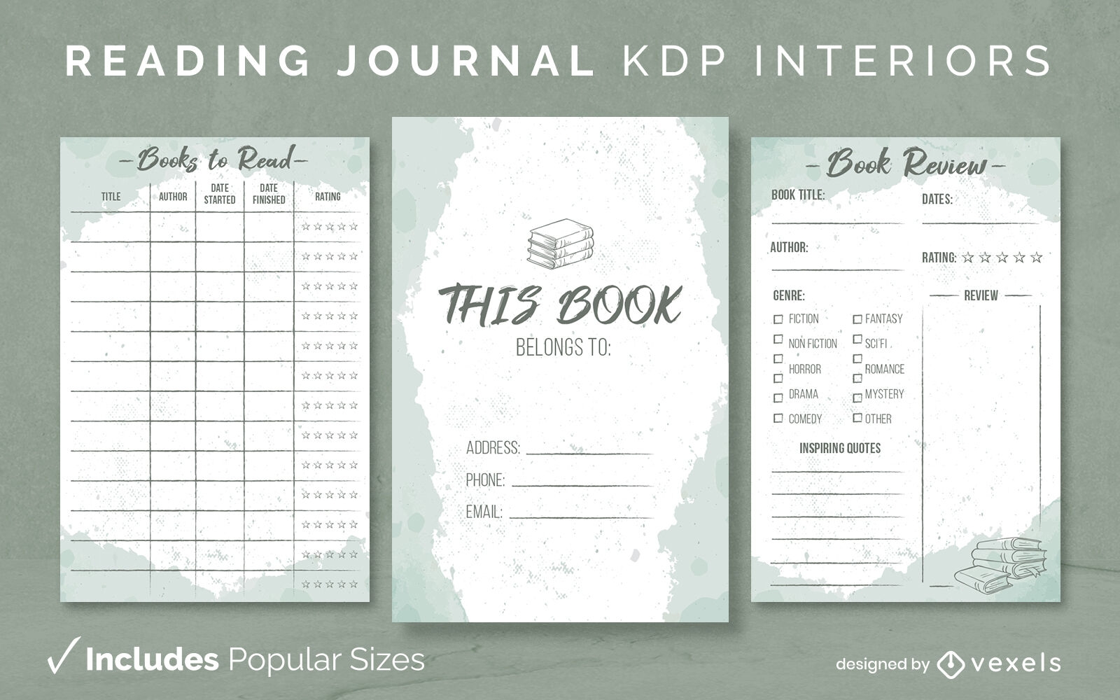 Reading journal design template watercolor KDP