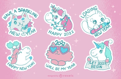 Cute new year stickers set
